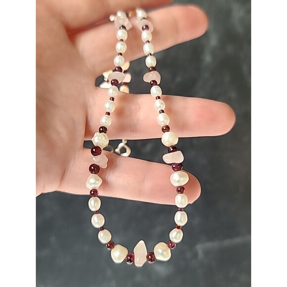 925 Sterling Silver Rose Quartz Garnet & Pearl Beaded Necklace Vintage - Picture 2 of 10